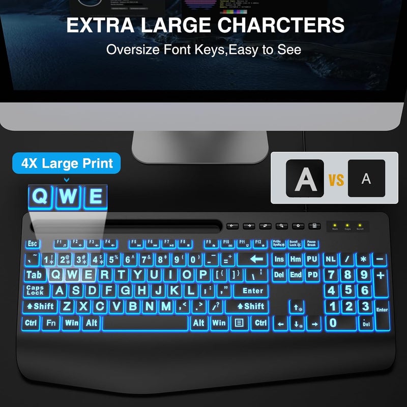 SABLUTE Large Print Backlit Keyboard, Wired USB Computer Keyboards with 7-Colors Backlight, Wrist Rest, Phone Holder, Oversized Letter Keys Easy to See and Type for Laptop, PC, Windows, Black - Image 2